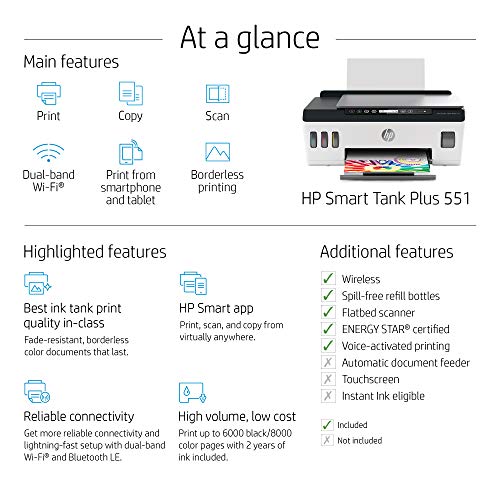 HP Smart-Tank Plus 551 Wireless All-in-One Ink-Tank Printer | up to 2 Years of Ink in Bottles | Mobile Remote Print, Scan, Copy (6HF11A)