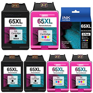 Remanufactured 6-Pack Compatible 65XL N9K04AN N9K03AN Ink Cartridge Replacement for HP Deskjet 2652 3720 2655 3722 Envy 5052 5055 Printer Ink Cartridge (3 Black & 3 Tri-Color)
