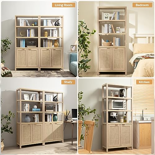 SICOTAS 5 Tier Rattan Boho Bookshelf with Doors - Natural
