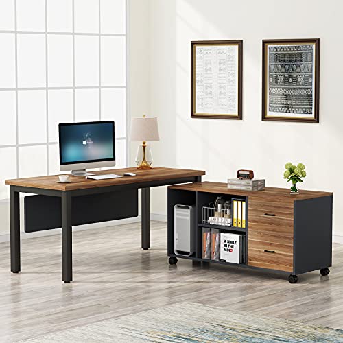 Tribesigns L-Shaped Computer Desk with Storage Drawers Cabinet Set, Large Executive Office Desk with Shelves, Industrial Business Furniture Workstation for Home Office, Rustic Walnut