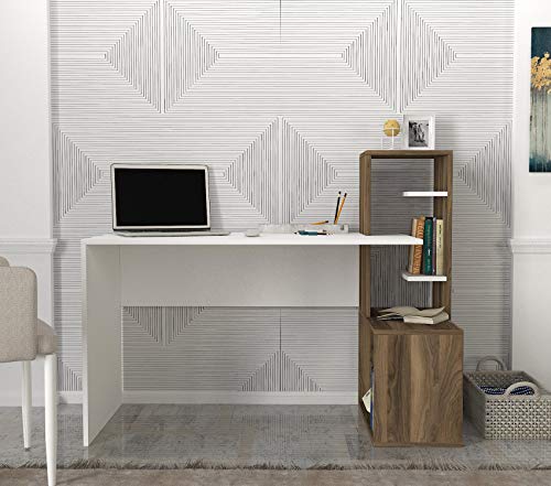 MAKENZA Serra Office Desk Modern Living Room Furniture with Adjustable Shelves & One Hidden Cabinet, Writing Workstation Table Compatible for Home, Office Study (White-Walnut)