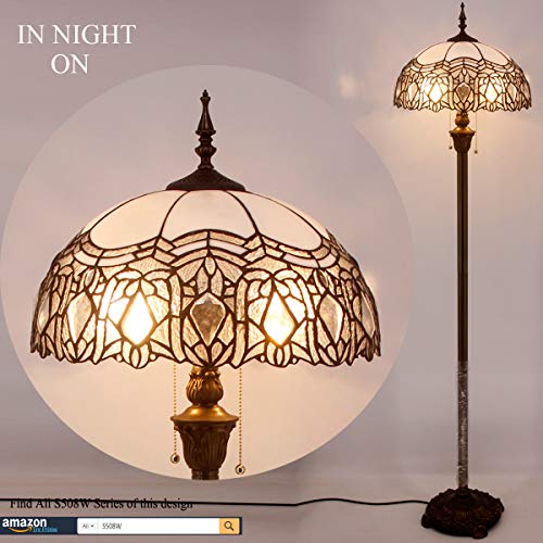 WERFACTORY Tiffany Floor Lamp Crystal Bead White Stained Glass Standing Reading Light - 16X16X64 Inches - Antique Pole Corner Lamp - S508W Series