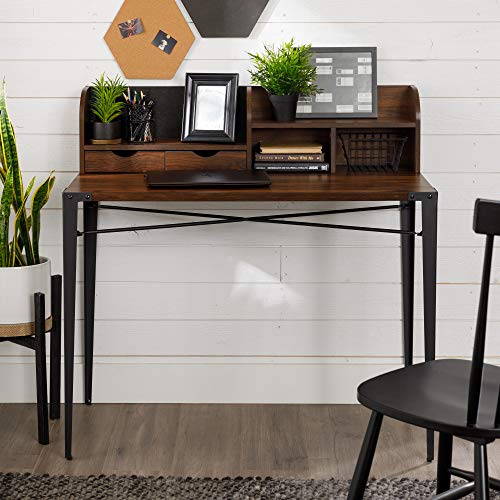 Walker Edison Industrial Metal and Wood Laptop Computer Writing Desk Home Office Workstation Small with Magnetic Board, 42 Inch, Walnut Brown