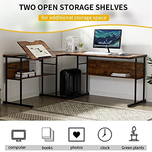 U/D Home Office L-Shaped Desk with Bottom Bookshelves and CPU Stand, Multi-Function Drafting Drawing Table (Color : Brown)