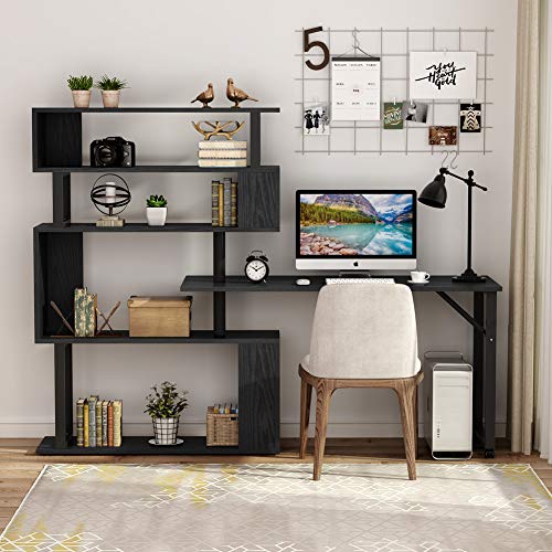 Tribesigns Rotating Computer Desk with 5 Shelves Bookshelf, Modern L-Shaped Corner Desk with Storage, Reversible Office Desk Study Table Writing Desk on Wheels for Home Office (Black)