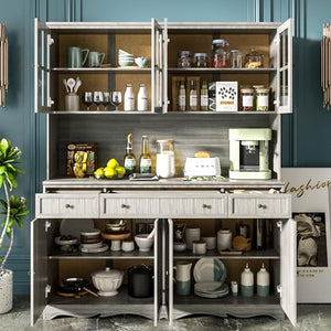 Hitow Large Storage Cabinet with Acrylic Doors, Kitchen Pantry Cabinet, Display Hutch, Grey (61.2" W x 75.9" H)