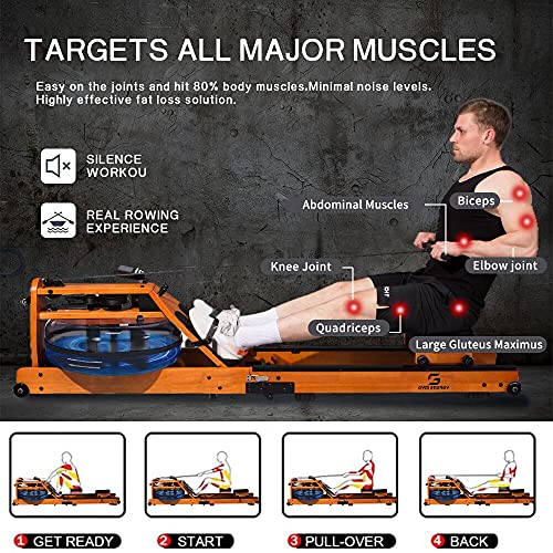 GYM ENERGY Foldable Water Rowing Machine for Home Gym Fitness, Wood Rower with Bluetooth Monitor Whole Body Exercise Cardio Training