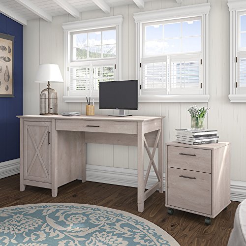 Bush Furniture Key West 54W Computer Desk with Storage and 2 Drawer Mobile File Cabinet in Washed Gray