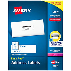 Avery Mailing Address Labels, Laser Printers, 1,400 Labels, 1-1/3 x 4, Permanent Adhesive, 5 Packs (5162)