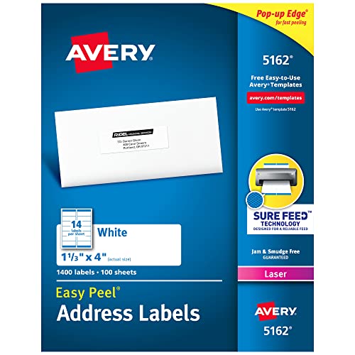 Avery Mailing Address Labels, Laser Printers, 1,400 Labels, 1-1/3 x 4, Permanent Adhesive, 5 Packs (5162)