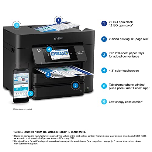 Epson Workforce Pro WF 4833 Wireless All-in-One Color Inkjet Printer - Print Scan Copy Fax - 25 ppm, 4800x2400 dpi, 4.3" Touchscreen, Auto 2-Sided Printing, 50-Sheet ADF, 500-Sheet Capacity, Ethernet