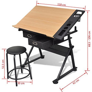 vidaXL Height Adjustable Drafting Draft Desk Drawing Table Desk Tiltable Tabletop w/Stool and 2 Storage Drawer for Reading, Writing Art Craft Work Station