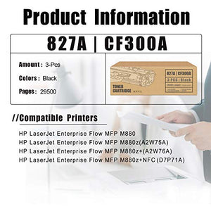 [3 Pack,Black,High Yield] Compatible 827A | CF300A Remanufactured Toner Cartridge Replacement for HP Enterprise Flow MFP M880z+NFC M880z M880 M880z+ Printer Ink Cartridge