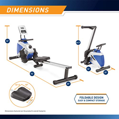 Marcy Foldable Magnetic Rowing Machine with Adjustable Resistance & Transport Wheels ME-1018RE, One Size,Blue