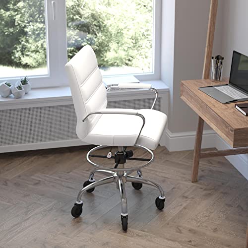 Flash Furniture Lexi Mid-Back Drafting Chair with Adjustable Foot Ring - White LeatherSoft Upholstery