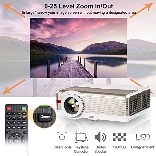 EUG Movie Projector LCD LED 5000 Lumen 8000:1 Contrast/1280x800/Support Full HD 1080P Home Video Projector HDMI USB AV DVD Computer TV Stick Game Console with Speaker/Zoom/Keystone