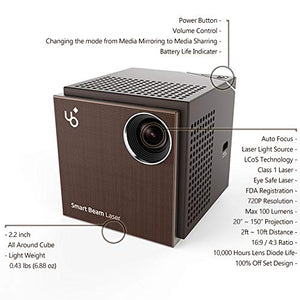 UO Smart Beam Laser, CES Awarded Portable Mini Projector, 1280x720HD, Focus Free Class 1 Laser, Wireless 2 hrs, Built in Speaker, MIRRORING Smartphone, Tablet, HDMI pc, Laptop, Video Game, Apple TV