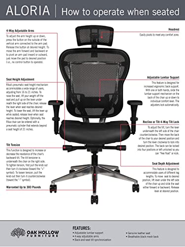 Oak Hollow Furniture Aloria Series Ergonomic Executive Office Chair Genuine Leather Seat Cushion Mesh Back Adjustable Lumbar Support Swivel Tilt High-Back (Black, Tall, Headrest)