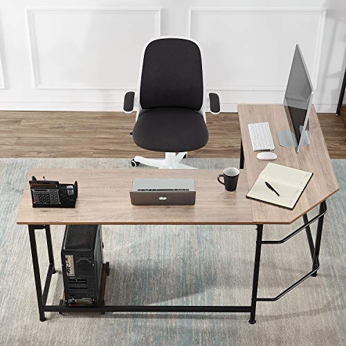 VECELO L-Shaped Computer Desk 66" with CPU Stand/PC Laptop Study Writing Table Workstation for Home Office Wood & Metal,Oak+Black Leg