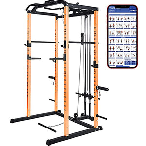 Vanswe Power Cage with LAT Pull Down Attachment, 1000-Pound Capacity Power Rack Full Home Gym Machine with Multi-Grip Pull-up Bar and Dip Handle (Orange)