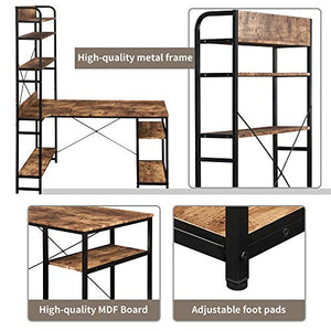 Modern Luxe L-Shaped Corner with Bookshelf 2-Pieces Computer PC Table Set Home Office Desk with Shelves, Brown