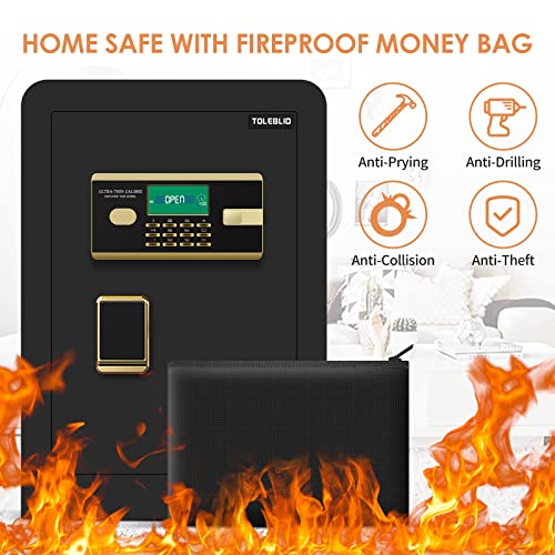 2.3 Cub Large Safe Box Fireproof Waterproof, Home Safe with Fireproof Document Bag, Built in Interior Cabinet Box, LED Light, LCD Screen and Removable Shelf, Fireproof Safe for Money Jewelry Documents Valuables (black)