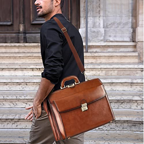 Banuce Leather Briefcase for Men with Lock Lawyer Attache Case Hard 15.6 Laptop Attorney Litigator Bag Doctor Style Bag