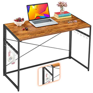 Mr IRONSTONE 39” Folding Computer Desk, Writing Desk Easy Assembly with 10 Hooks, Foldable Metal Frame, Writing Workstation Laptop Table for Home Office (Vintage)