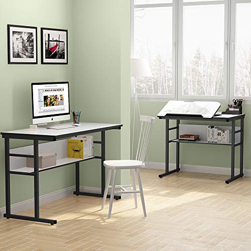 Tribesigns Modern L-Shaped Desk with Bookshelf, 67 inch Double Corner Computer Office Desk Workstation Drafting Drawing Table with Tiltable Tabletop for Home Office (White)