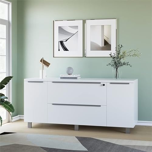 Unique Furniture Contemporary Credenza with File Drawers, Adjustable Shelves & Central-Locking System, White, 19.63 x 63 x 28.88 in.