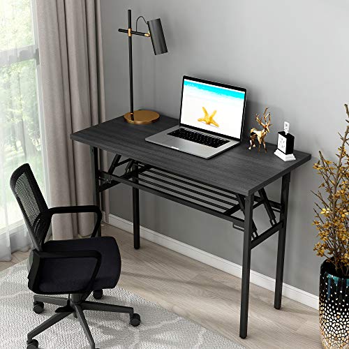 CRGHS Folding Computer Desk, Foldable Table Writing Desk for Laptop and PC, Home and Office Modern Style with Storage for Eating Camping and Small Spaces, No Assembly Required, 2 Tiers, Black