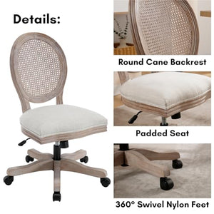 LukeAlon Rattan Back Linen Office Chair with Adjustable Height and Swivel Function