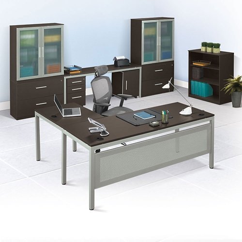 at Work 72"W x 72"D Reversible LDesk Espresso Laminate/Brushed Nickel Painted Steel Frame