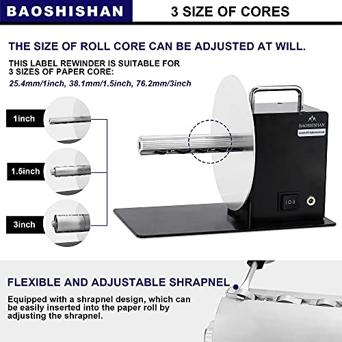 BAOSHISHAN Automatic Label Rewinder Rewinding Machine Label Width 140mm Core Holder 1/1.5/3 inch Roll Core Diameter 180mm 100-240V (with Regulator and Baffle)