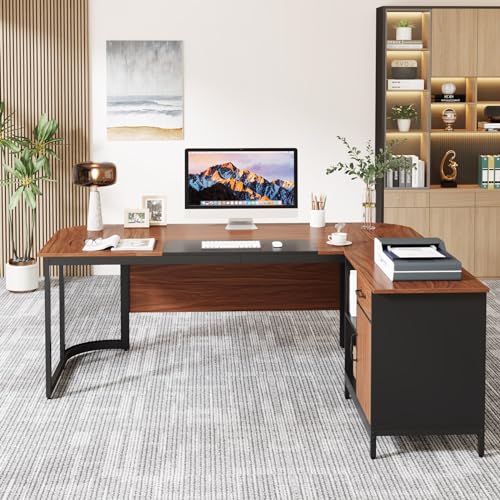 Tribesigns Executive Desk with File Cabinet, L-Shaped Office Desk with Drawer and Shelves