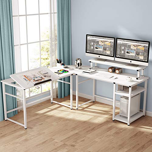 Tribesigns L-Shaped Computer Desk with Monitor Stand Riser, 70.8 inches Corner Computer Desk Study Writing Workstation Drafting Table with Tiltable Drawing Board for Home Office Use (White)