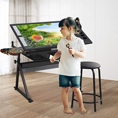 Takefuns Glass Surface Drawing Table Height Adjustable Drawing Table with Storage Drawers and Stool for Drawing, Reading, Writing Black