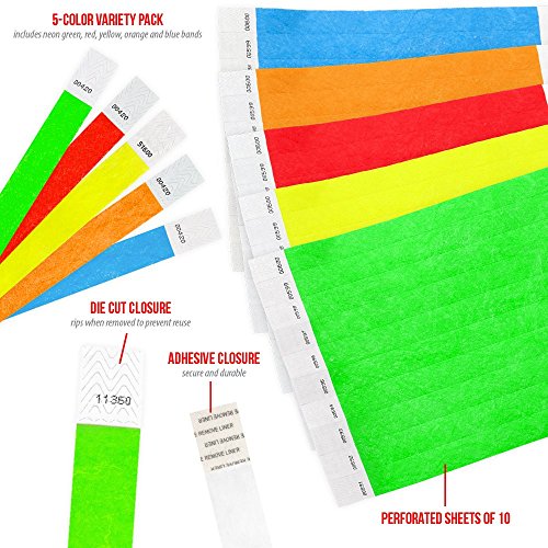 WristCo 3/4" Tyvek Wristbands Variety Pack | Lightweight |Durable | Waterproof | Great for Events and Screening | Green, Yellow, Red, Orange, Blue | 40,000 Paper Wristbands