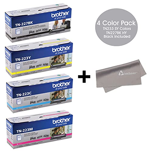 Brother TN227BK High Yield Black with Standard Yield Color TN223C, TN223M, TN223Y Cyan, Magenta and Yellow Toner Cartridge Set + InkSaver Microfiber LCD Screen Cleaning Cloth