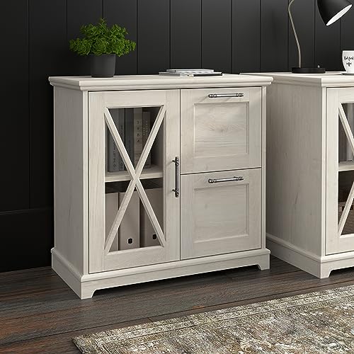 Bush Furniture Lennox Farmhouse 2 Drawer Lateral File Cabinet with Shelves | Linen White Oak
