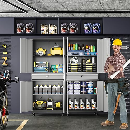 Yizosh Metal Garage Storage Cabinet with Locking Doors, Adjustable Shelves, and Drawer - 73" Steel Rolling Tool Cabinet