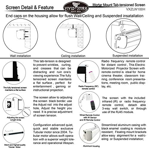 VIVIDSTORM Office Presentation Mortar Mount Tension Screen,Electric Drop Down Projector Screen,100-inch Diag 16:9, White Cinema Screen Material,Gain 1.1, Wireless 12V Projector Trigger,Model:VXZLW100H