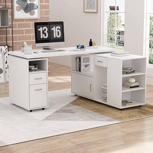 Homsee L-Shaped Corner Computer Desk with Storage, White