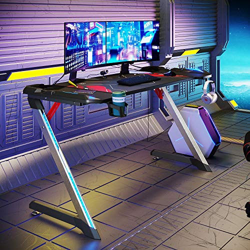 ELEGANT Gaming Desk with Led Lights 55 Inch Z Shape Gamer Workstation with Power Strip Large Mouse Pad Stand Cup Holder Headphone Hook for Home Office Gamer,Black