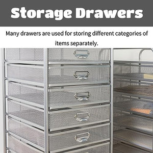 WAHHWF Rolling File Cabinet with Drawers, Metal Mesh Craft Cart Organizer with Wheels - Silver, 9 Drawers