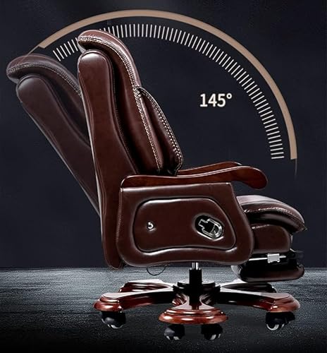 Kinnls Fully Reclining Massage Office Chair, Genuine Leather, Adjustable Back, Retractable Footrest (Coffee)