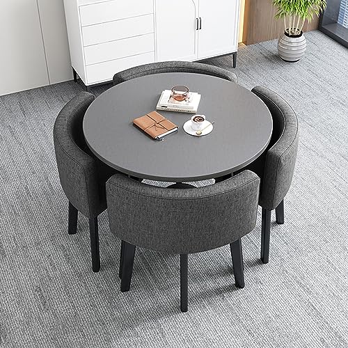 HARELA Kitchen Breakfast Bar Table and Chair Set, Office Reception Room Club Table And Chair Set, Cafe Balcony Living Room Round Dining Table, 1 Table 4 Chairs, Dark Gray Cotton Linen