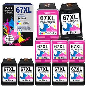 10 Pack (6 Black + 4 Tri-Color) 67XL 3YM57AN 3YM58AN Compatible Remanufactured Ink Cartridge Replacement for HP Deskjet 1255 Plus 4155 2732 Envy 6055 Pro 6455 6075 Pro 6452 Printer Ink Cartridge