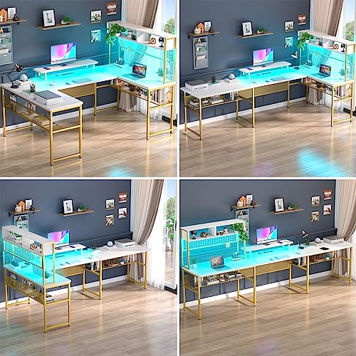 Unikito Modern L-Shaped Desk with Hutch, RGB LED Lights, Smart Control, Monitor Stand, Power Outlets, USB Ports