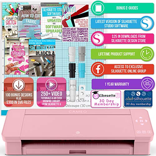 Silhouette Pink Cameo 4 Starter Bundle with 26 Oracal Vinyl Sheets, Transfer Paper, Class, Guides and 24 Sketch Pens